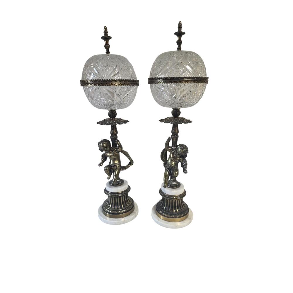 Pair Vintage Hollywood Regency Cherub Crystal Globe Table Lamps Brass Marble